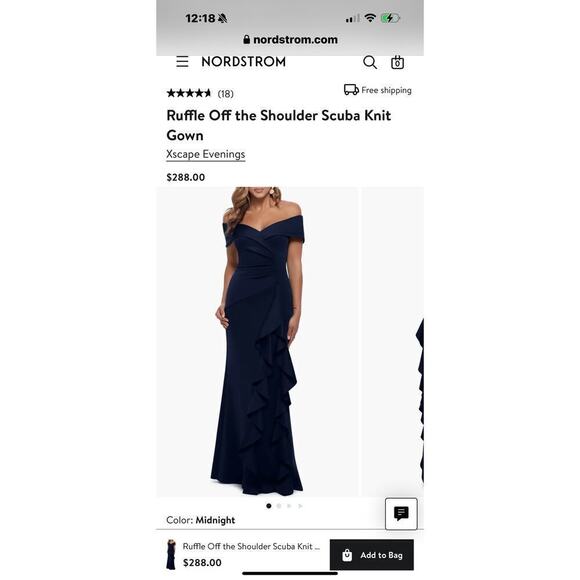 XSCAPE Ruffle Off the Shoulder Scuba Knit Gown Midnight Blue Size 12 NWOT - Picture 8 of 11